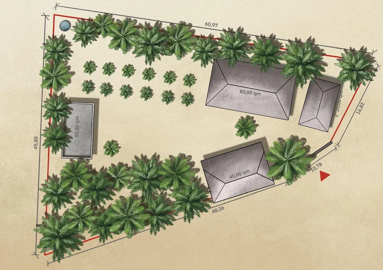 Lageplan von Uhuru Kijiji: Wohnhaus, Doppelbungalows, Open Living Space und Garten auf dem Grundstück in Bwejuu